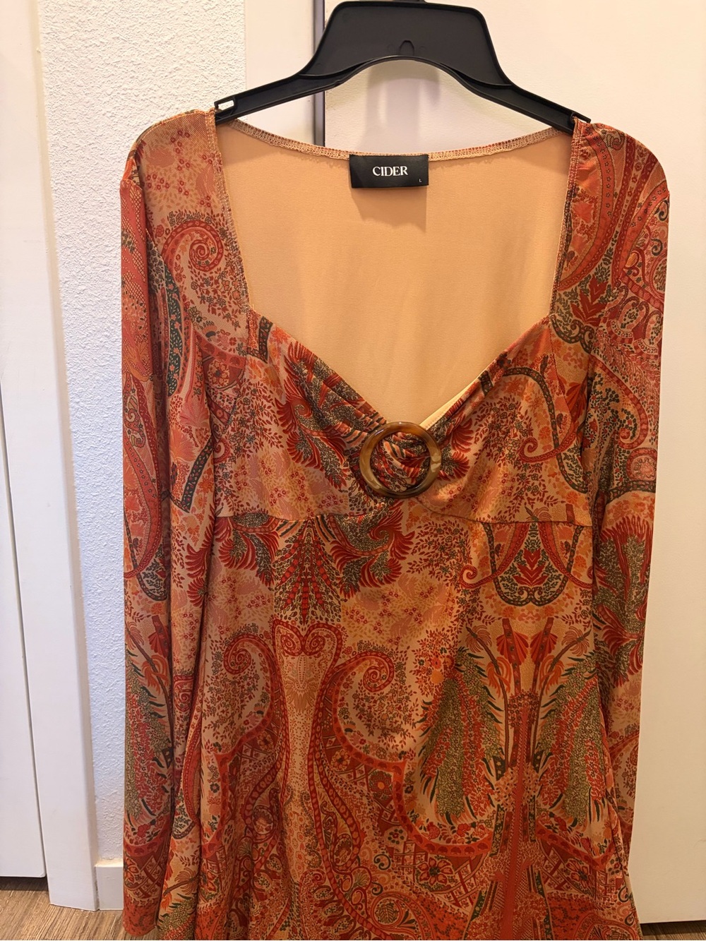 Cider Women's Rust Paisley V-Neck Dress with Ring Detail